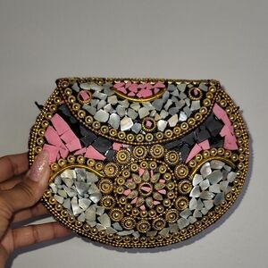RAMLA Artisan Beaded Clutch in Black, Pink, and Gold